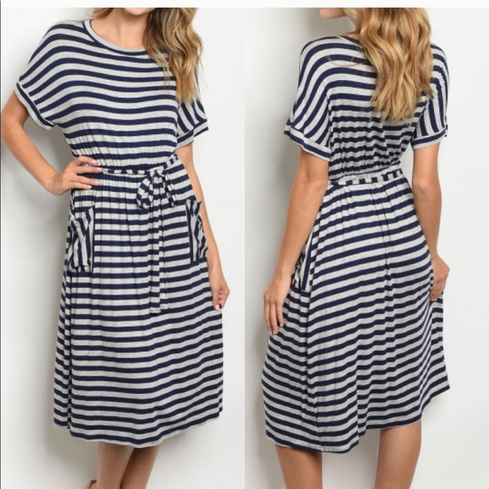 Navy and Gray Stripped Dress with Pockets - HP